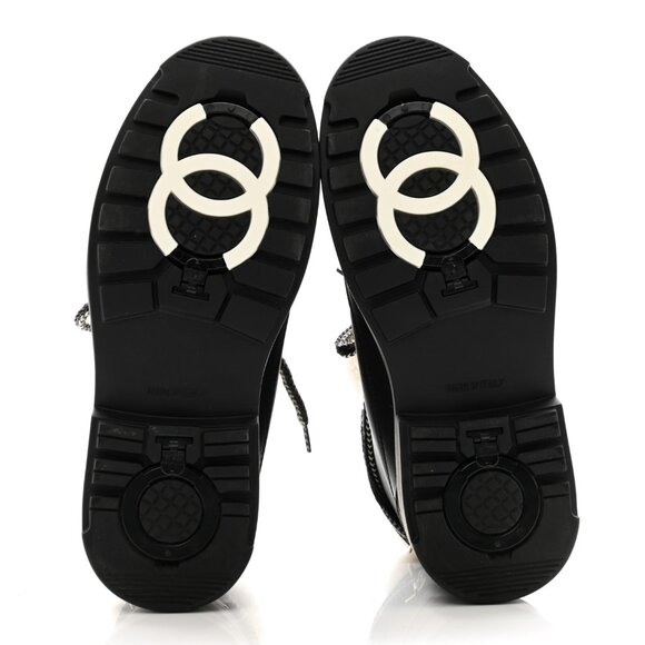 Chanel Calfskin Shearling CC Lace Up Boots 36.5 Black - Picture 7 of 11